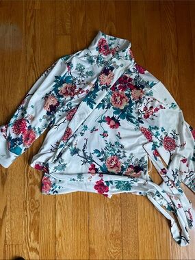 Forever 21 White Floral Blouse with Pink and Teal Accents